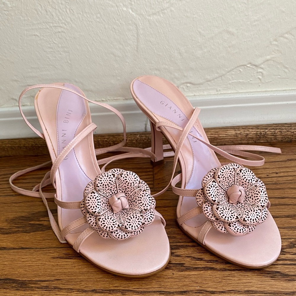 Gianni Bini Y2K Baby Pink Lace Up Heels with Flower